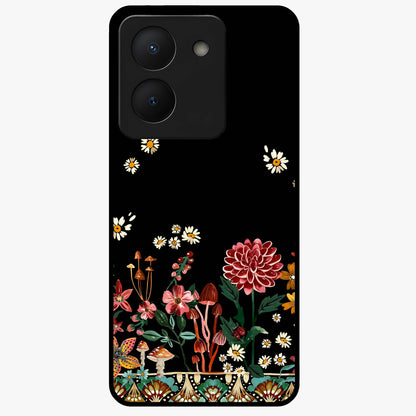 Midnight Bloom Pattern Glass Case showing flat back view with dark floral pattern artwork and glossy glass finish.