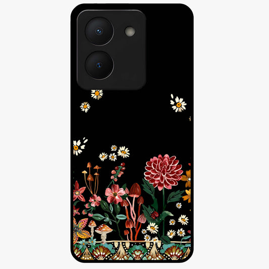 Midnight Bloom Pattern Glass Case showing flat back view with dark floral pattern artwork and glossy glass finish.