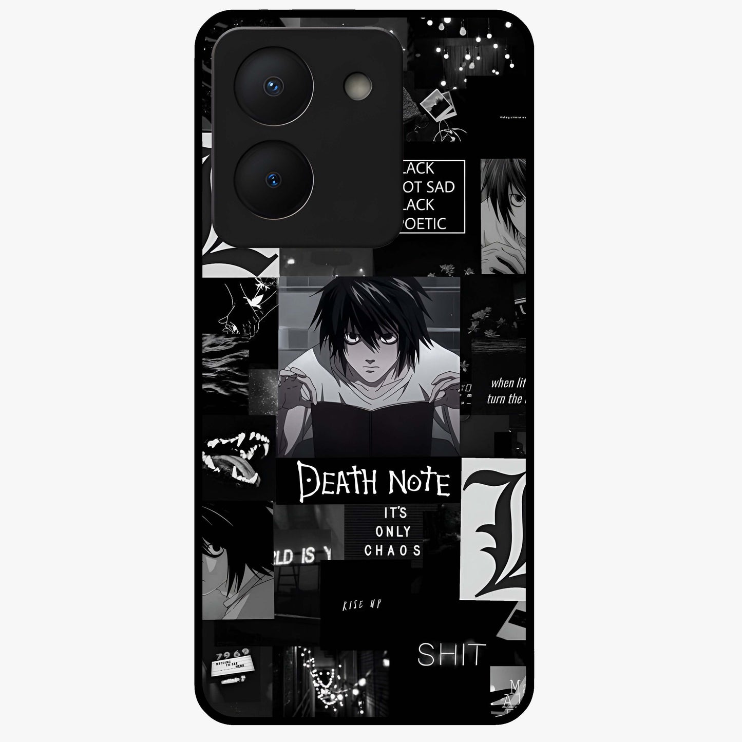 Midnight Chaos Mind Glass Case showing flat back view with abstract dark themed artwork and glossy glass finish.