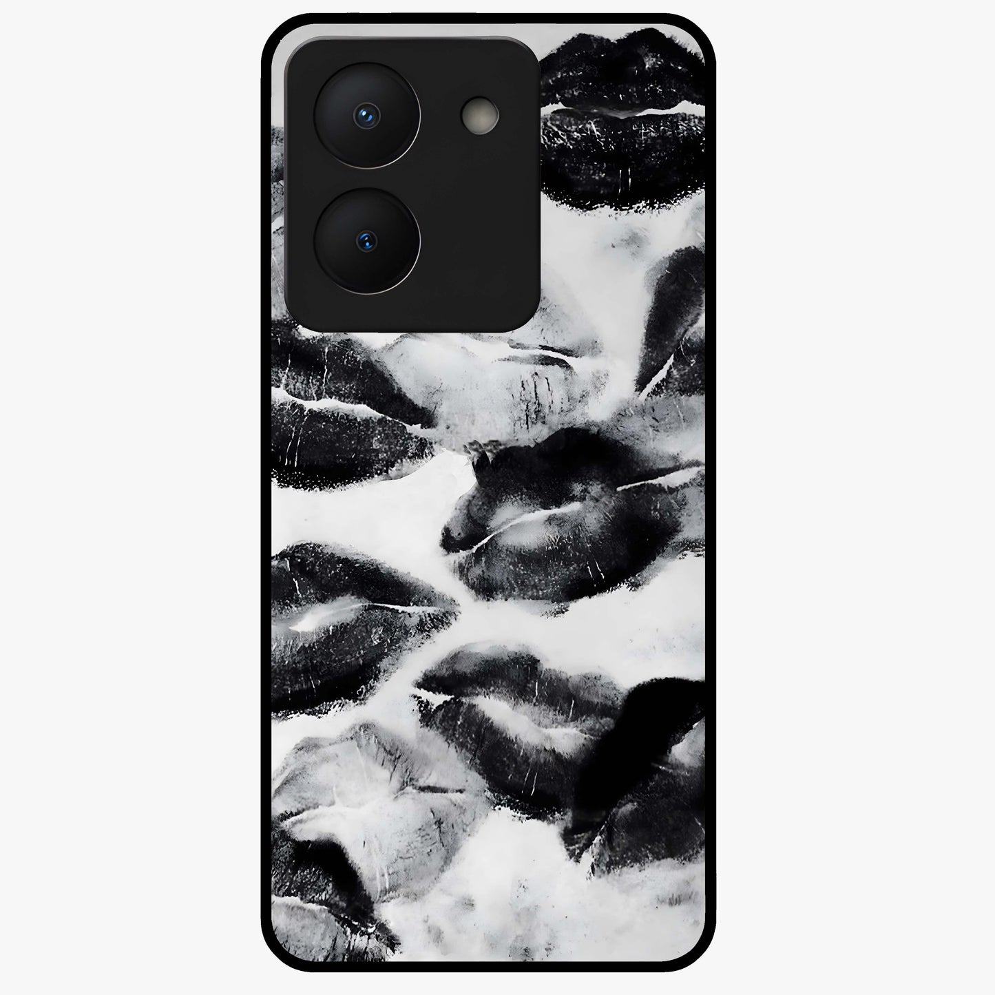 Midnight Kiss Marks Glass Case showing flat back view with lipstick kiss mark artwork and glossy glass finish.