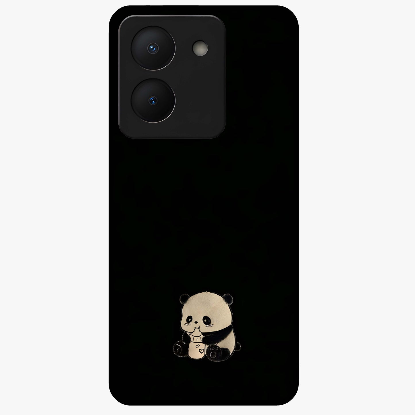 Midnight Panda Love Glass Case showing flat back view with cute panda themed artwork and glossy glass finish.