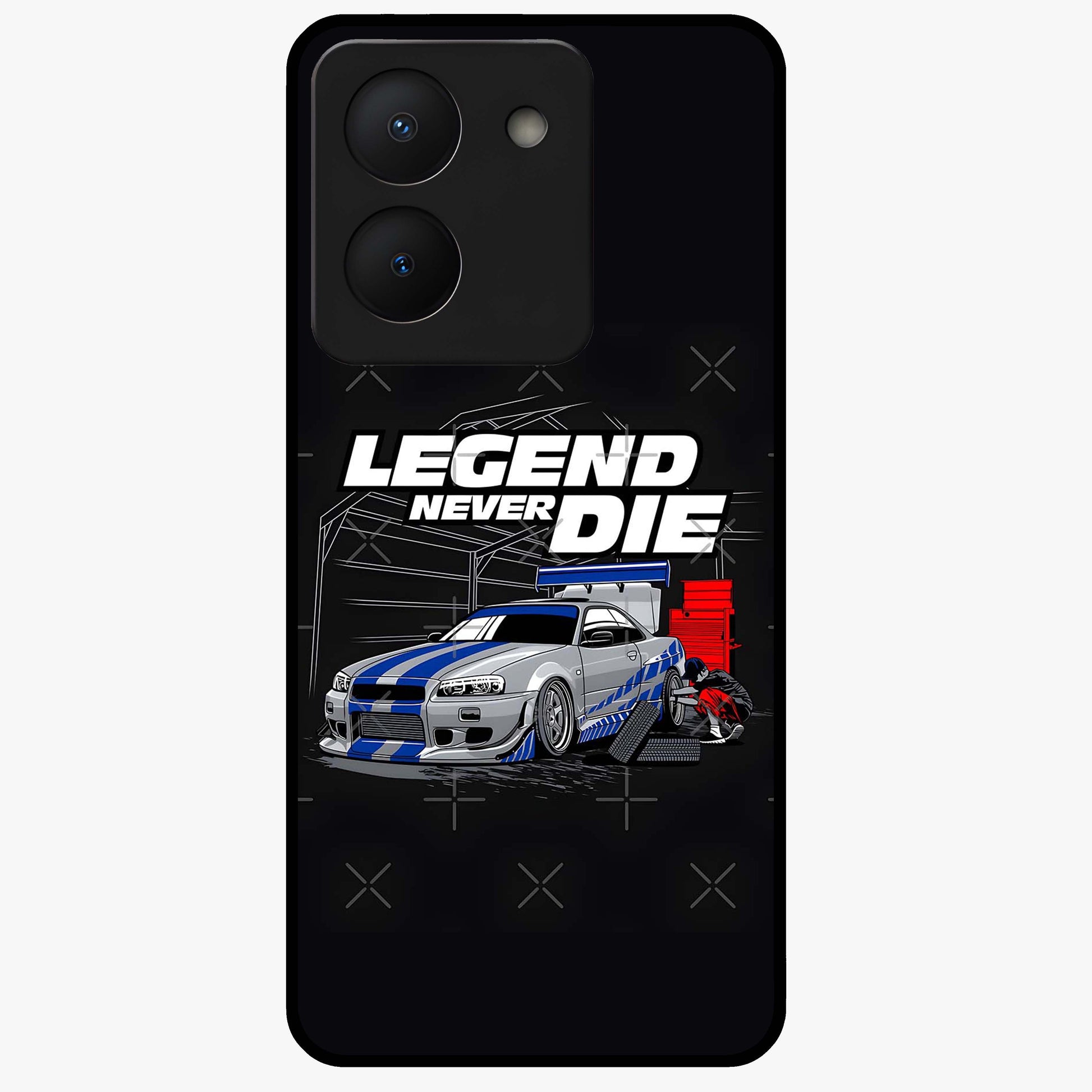 Midnight Racing Legacy Glass Case showing flat back view with sleek racing inspired artwork and glossy glass finish.