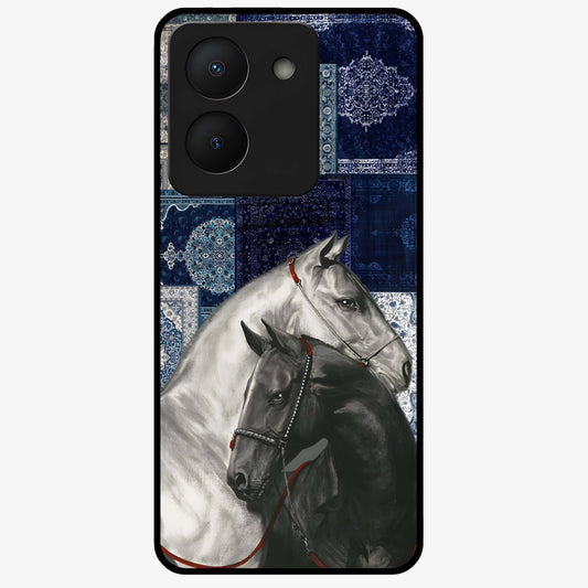 Midnight Stallion Blues Glass Case showing flat back view with majestic horse artwork and glossy glass finish.