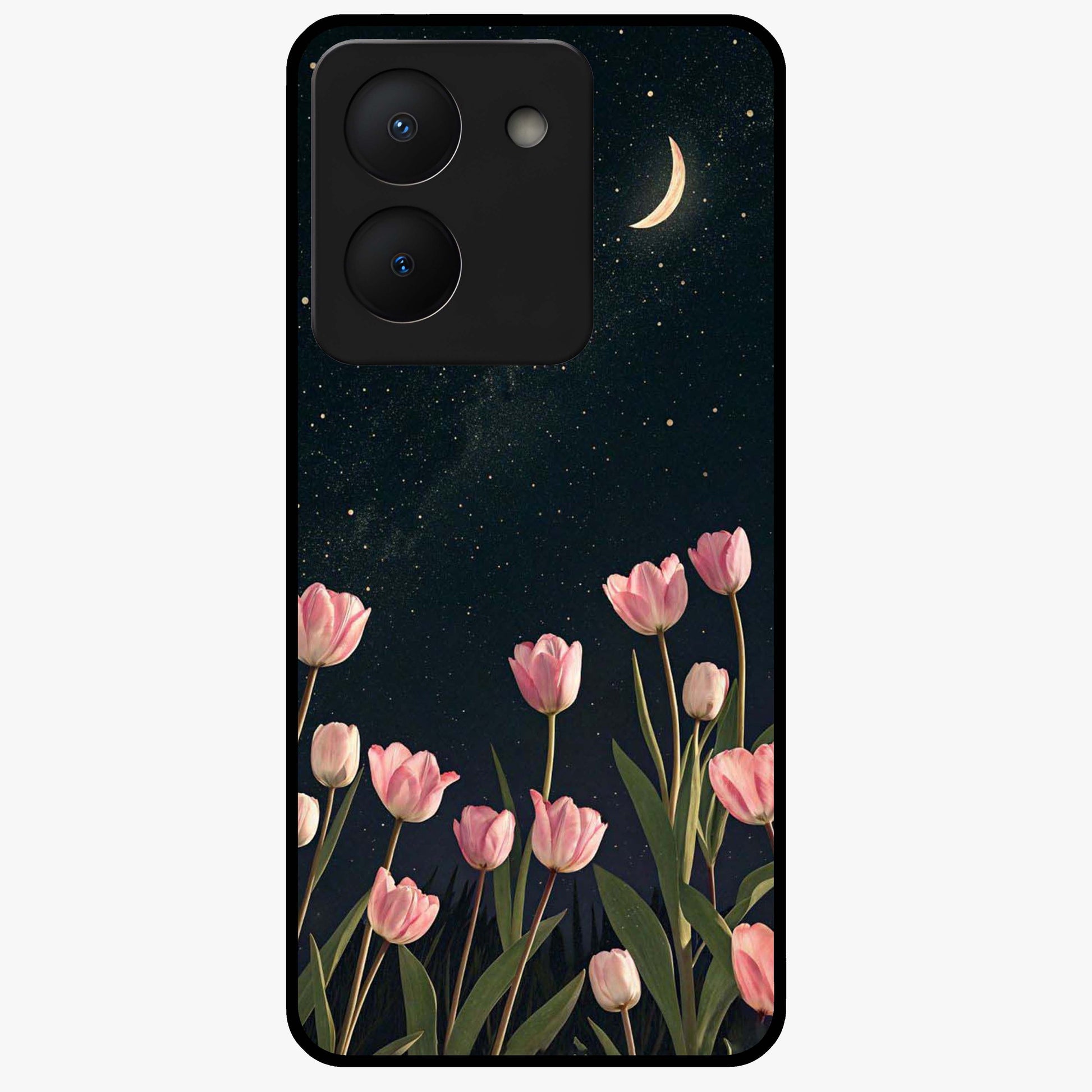 Midnight Tulip Whispers Vibe Glass Case showing flat back view with elegant tulip flower artwork and glossy glass finish.