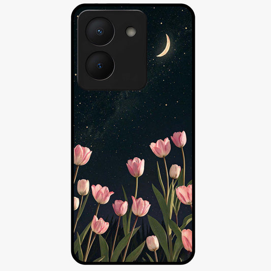 Midnight Tulip Whispers Vibe Glass Case showing flat back view with elegant tulip flower artwork and glossy glass finish.