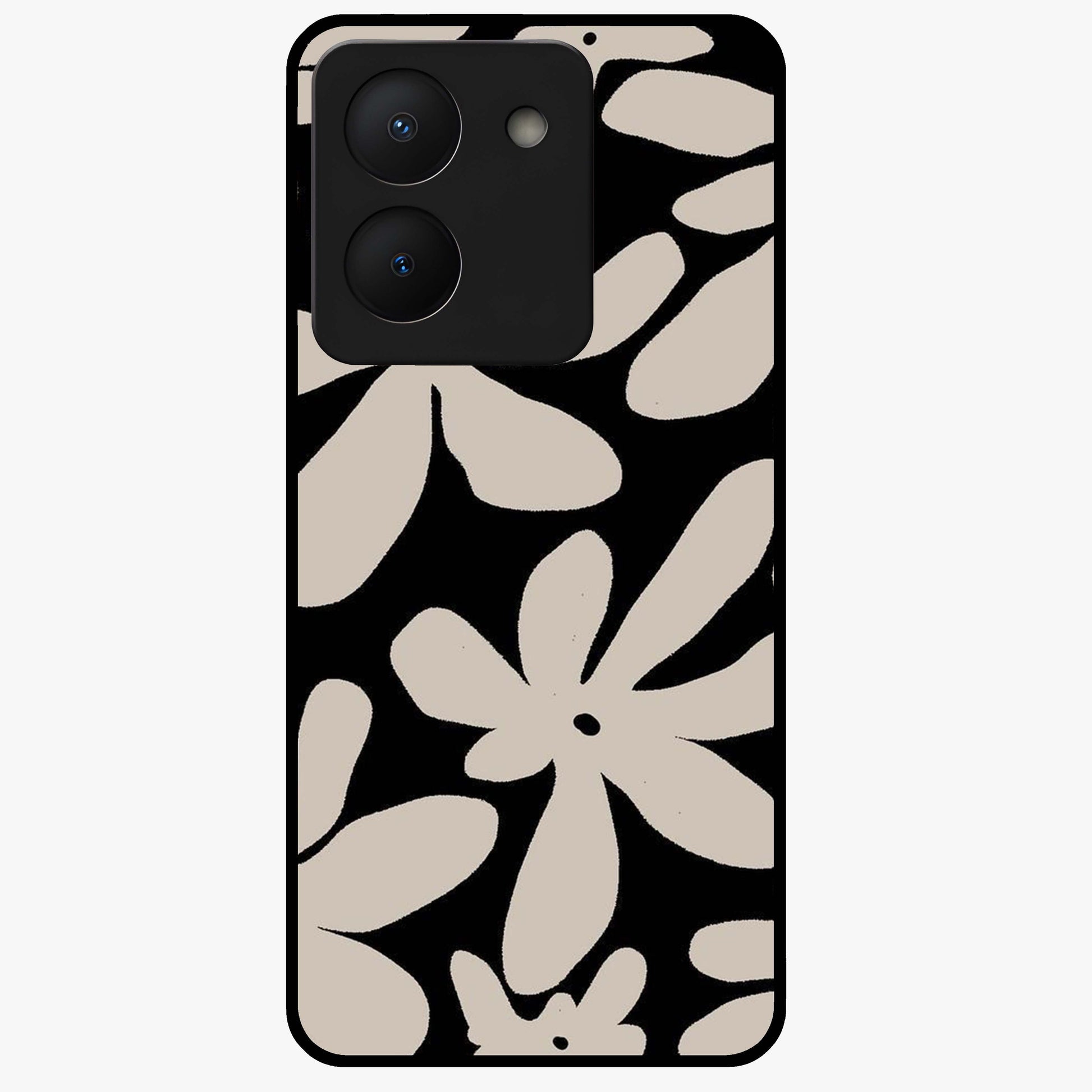 Monochrome Petal Dance Glass Case showing flat back view with monochrome floral artwork and glossy glass finish.
