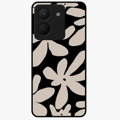 Monochrome Petal Dance Glass Case showing flat back view with monochrome floral artwork and glossy glass finish.