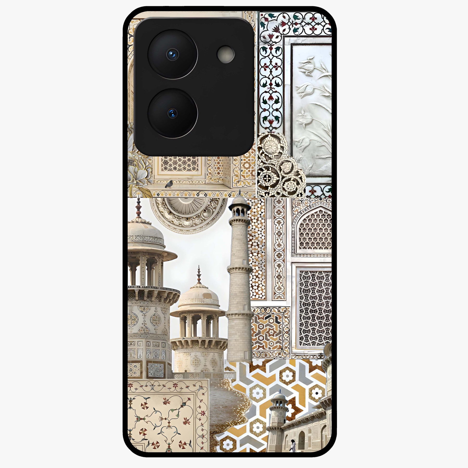 Mughal Marble Legacy Glass Case showing flat back view with intricate Mughal inspired marble pattern and glossy glass finish.