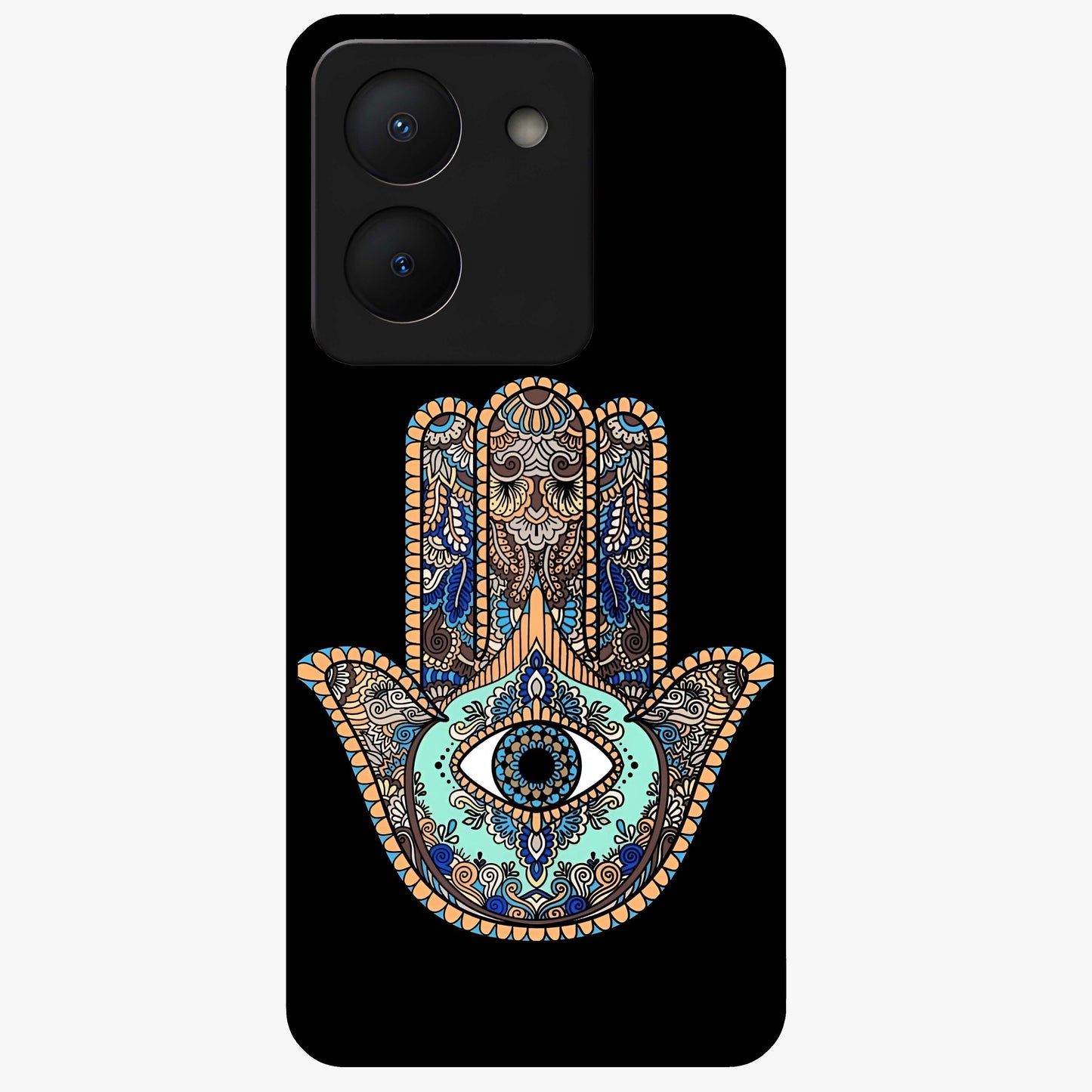 Mystic Hamsa Eye Glass Case showing flat back view with protective hamsa hand and evil eye artwork and glossy glass finish.
