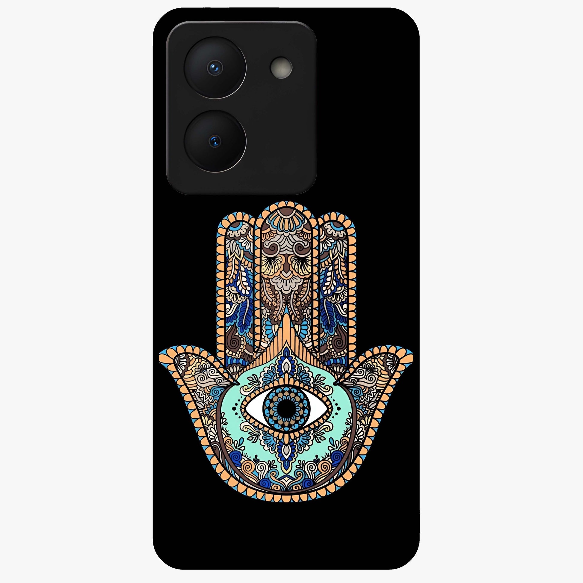 Mystic Hamsa Eye Glass Case showing flat back view with protective hamsa hand and evil eye artwork and glossy glass finish.