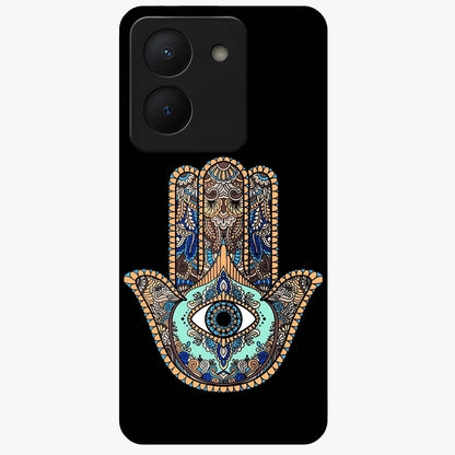 Mystic Hamsa Eye Glass Case showing flat back view with protective hamsa hand and evil eye artwork and glossy glass finish.
