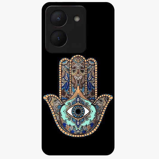 Mystic Hamsa Eye Glass Case showing flat back view with protective hamsa hand and evil eye artwork and glossy glass finish.