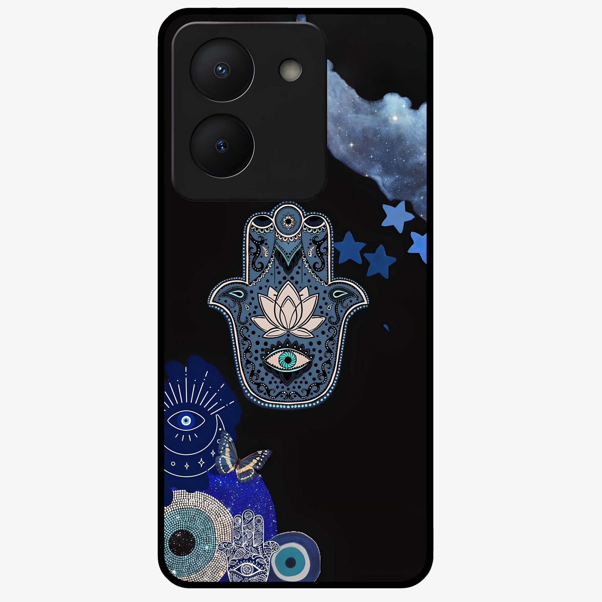 Mystic Hand Aura Glass Case showing flat back view with mystical hand symbol artwork and glossy glass finish.