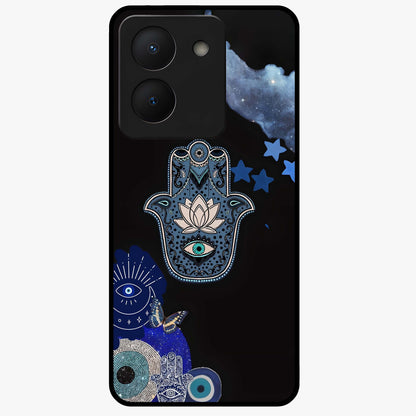 Mystic Hand Aura Glass Case showing flat back view with mystical hand symbol artwork and glossy glass finish.