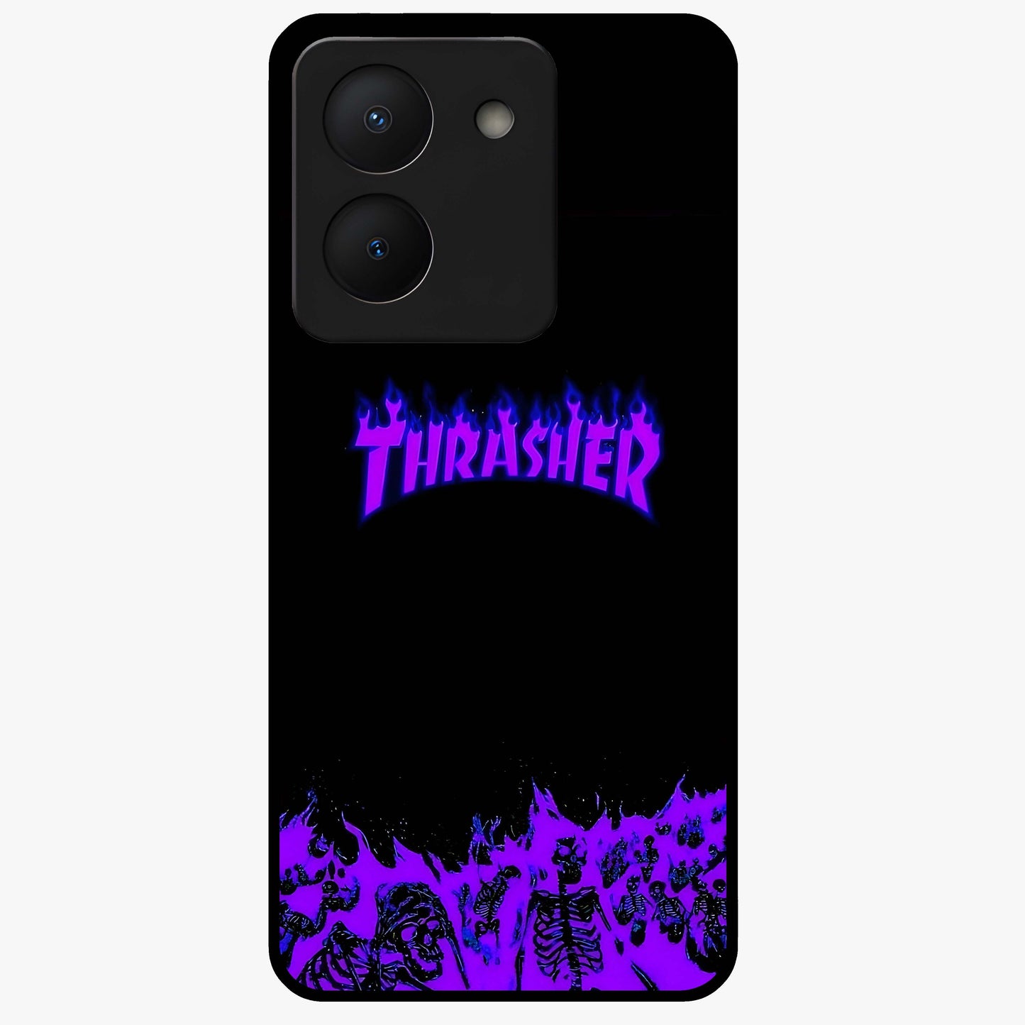 Neon Flame Riot Glass Case showing flat back view with neon flame artwork and glossy glass finish.