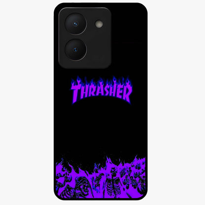 Neon Flame Riot Glass Case showing flat back view with neon flame artwork and glossy glass finish.
