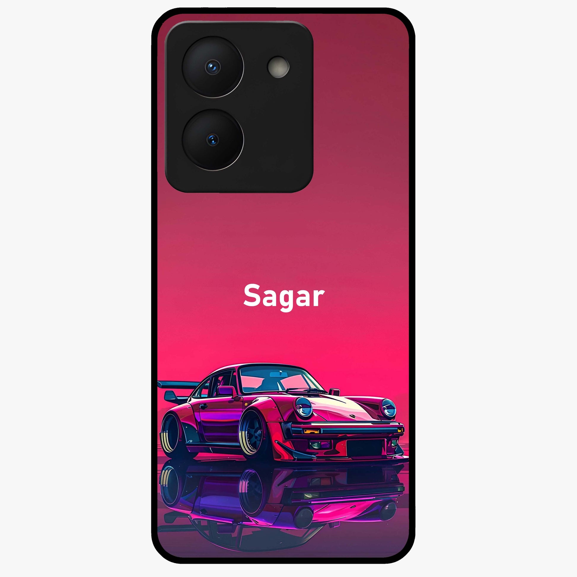 Neon Pink Porsche Glass Case showing flat back view with stylish sports car artwork and glossy glass finish.