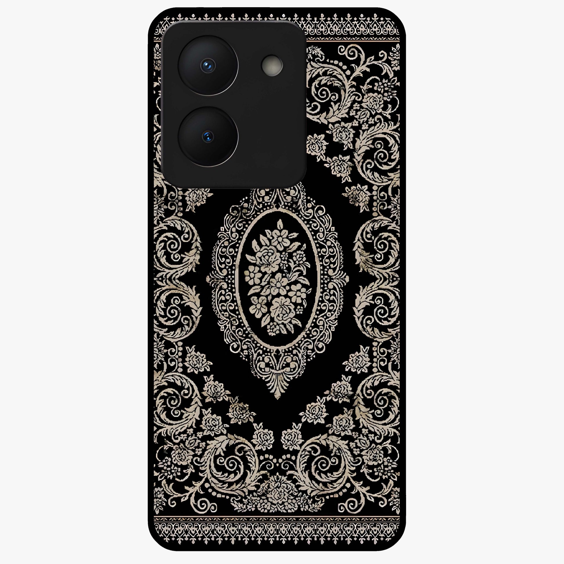 Noir Bloom Elegance Glass Case showing flat back view with elegant dark floral artwork and glossy glass finish.