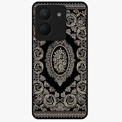 Noir Bloom Elegance Glass Case showing flat back view with elegant dark floral artwork and glossy glass finish.