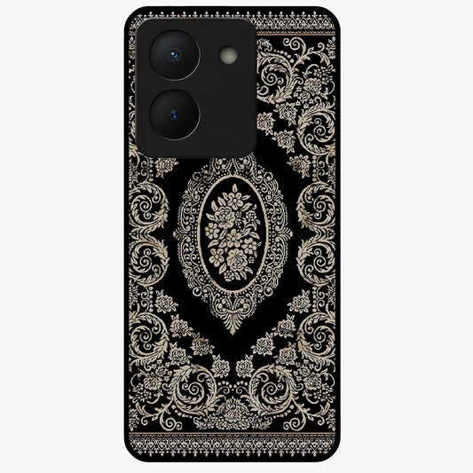Noir Bloom Elegance Glass Case showing flat back view with elegant dark floral artwork and glossy glass finish.