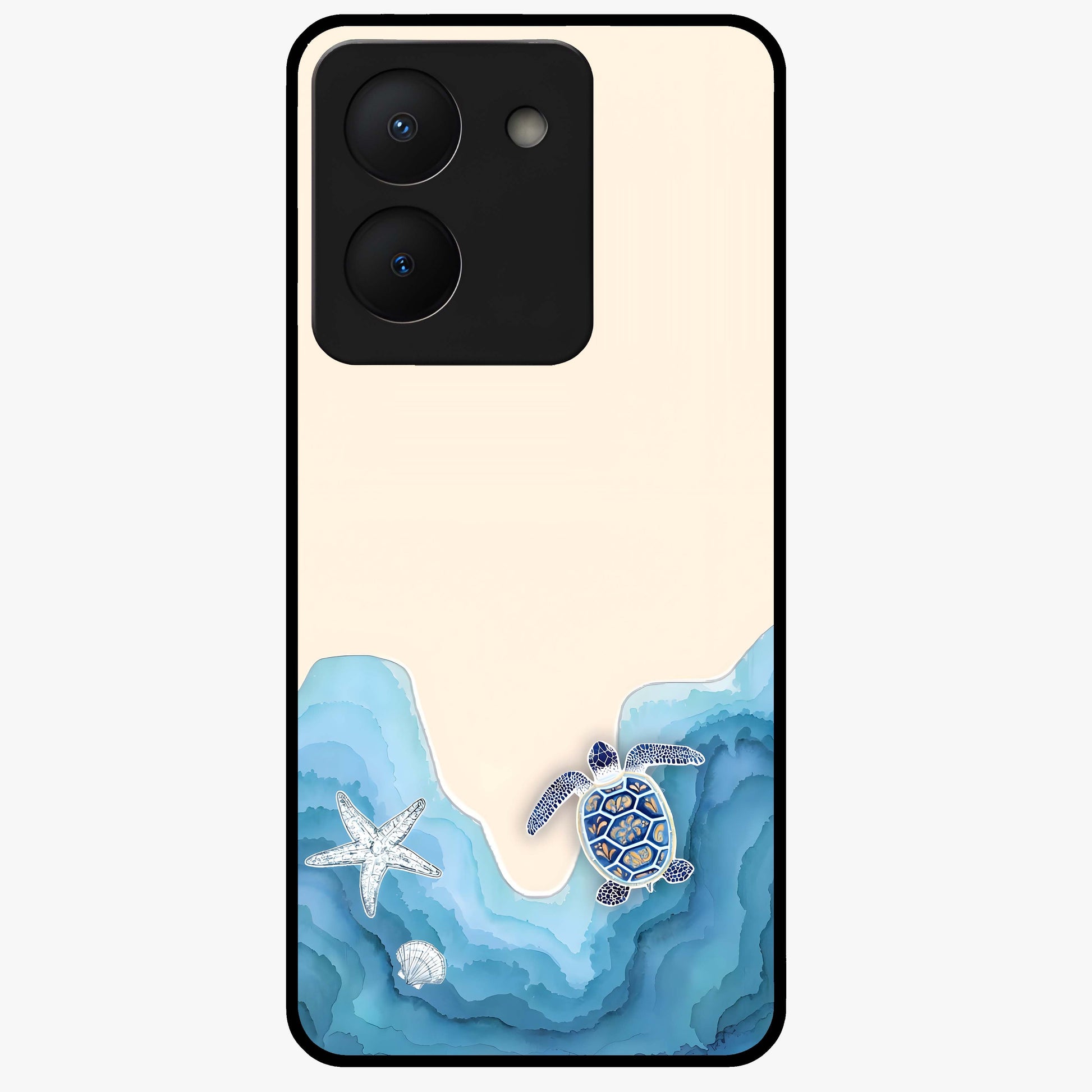Ocean Drift Turtle Glass Case showing flat back view with sea turtle artwork and glossy glass finish.