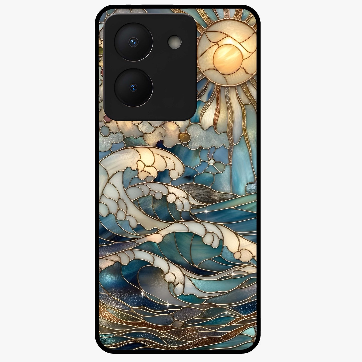 Oceanic Stained Printed Glass Case showing flat back view with ocean inspired stained pattern artwork and glossy glass finish.