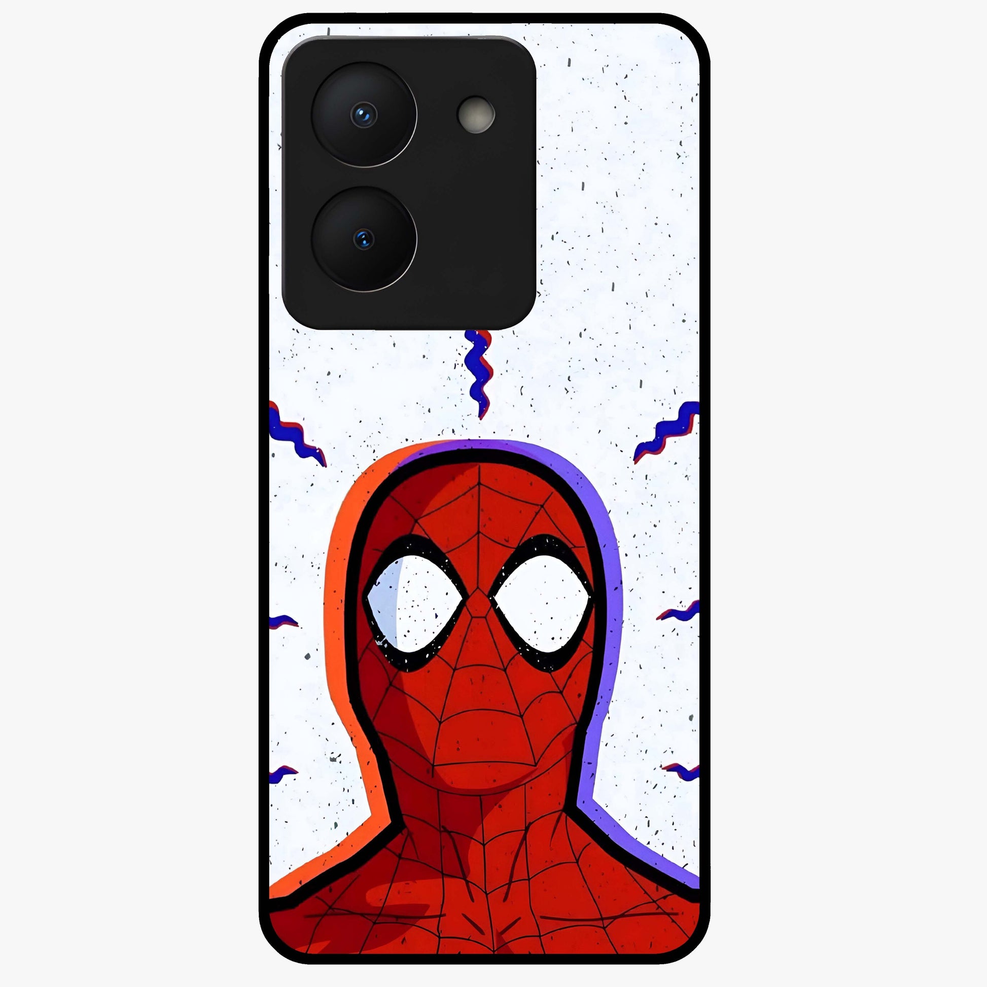 Omg Spiderman Glass Case showing flat back view with bold superhero inspired artwork and glossy glass finish.