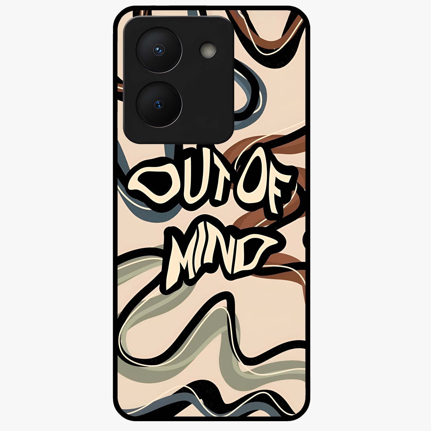 Out Of Mind Glass Case showing flat back view with expressive typography artwork and glossy glass finish.