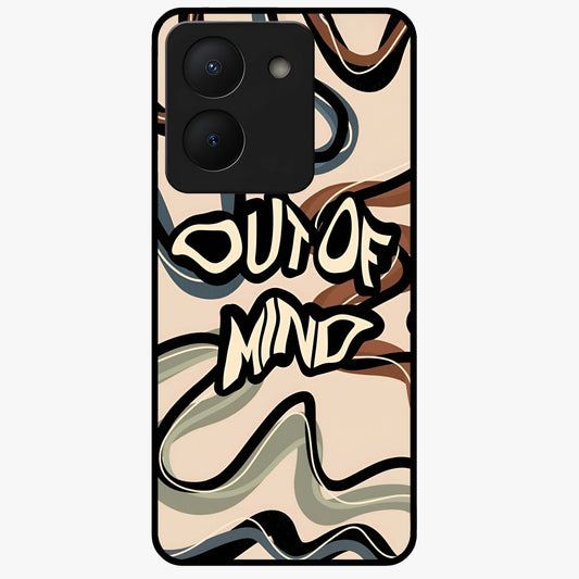 Out Of Mind Glass Case showing flat back view with expressive typography artwork and glossy glass finish.
