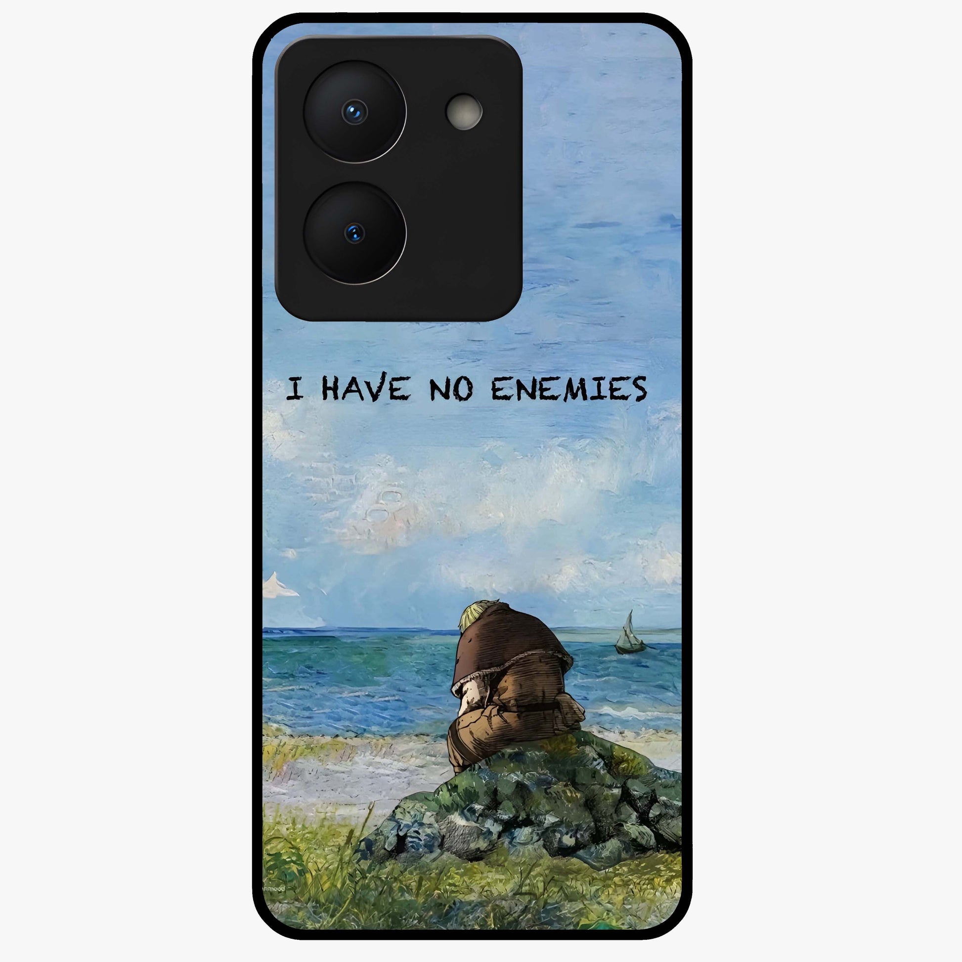 Peace Beyond War Glass Case showing flat back view with symbolic peace themed artwork and glossy glass finish.