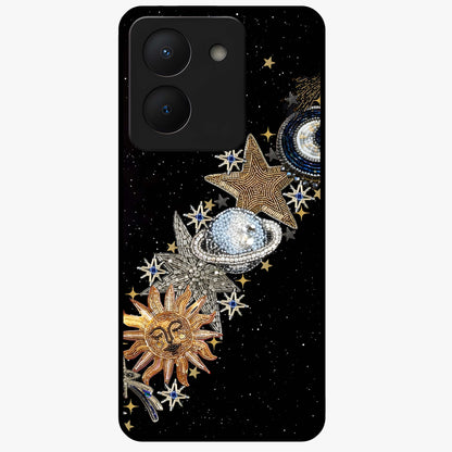 Pearls Universe Object Glass Case showing flat back view with pearl inspired cosmic artwork and glossy glass finish.