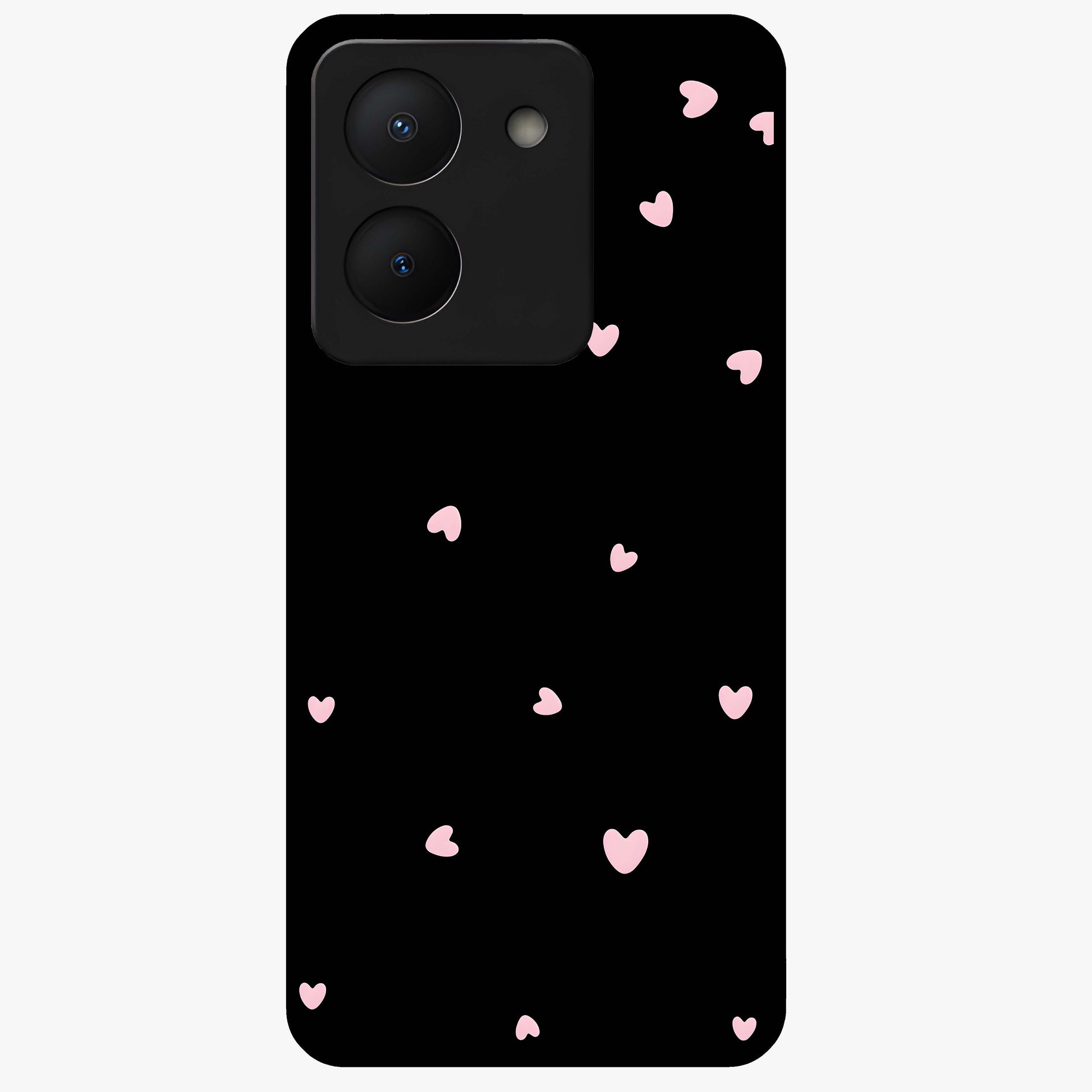 Pink Love Drops Glass Case showing flat back view with playful pink heart drops artwork and glossy glass finish.