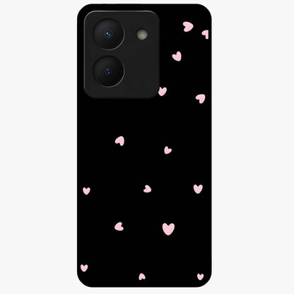Pink Love Drops Glass Case showing flat back view with playful pink heart drops artwork and glossy glass finish.