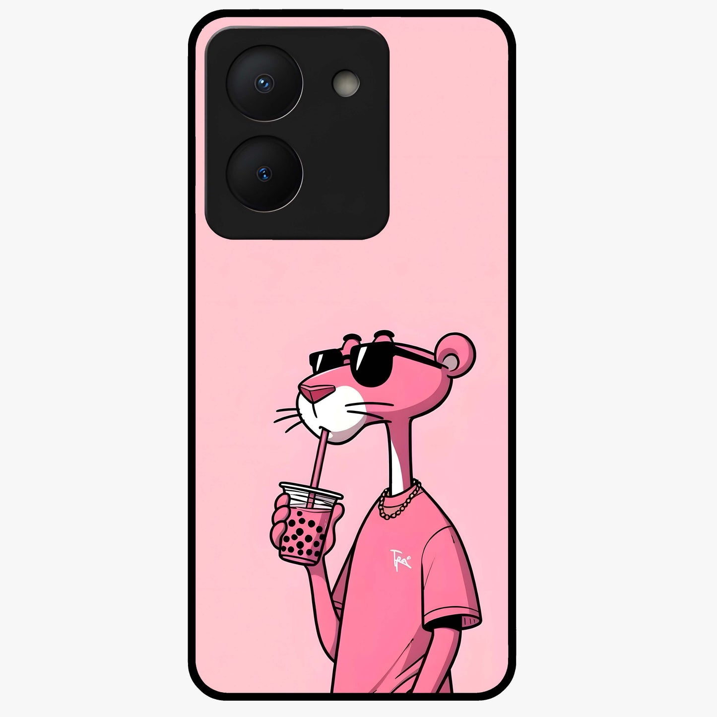 Pink Panther Glass Case showing flat back view with iconic pink panther artwork and glossy glass finish.