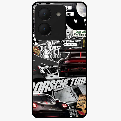Porsche Racing Collage Glass Case showing flat back view with sports car racing collage artwork and glossy glass finish.