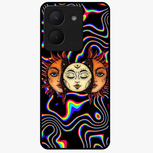 Psychedelic Sun Glass Case showing flat back view with colorful psychedelic sun artwork and glossy glass finish.