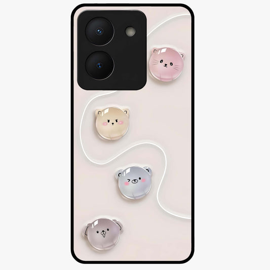 Puffy Face Parade Glass Case showing flat back view with cute puffy character faces artwork and glossy glass finish.