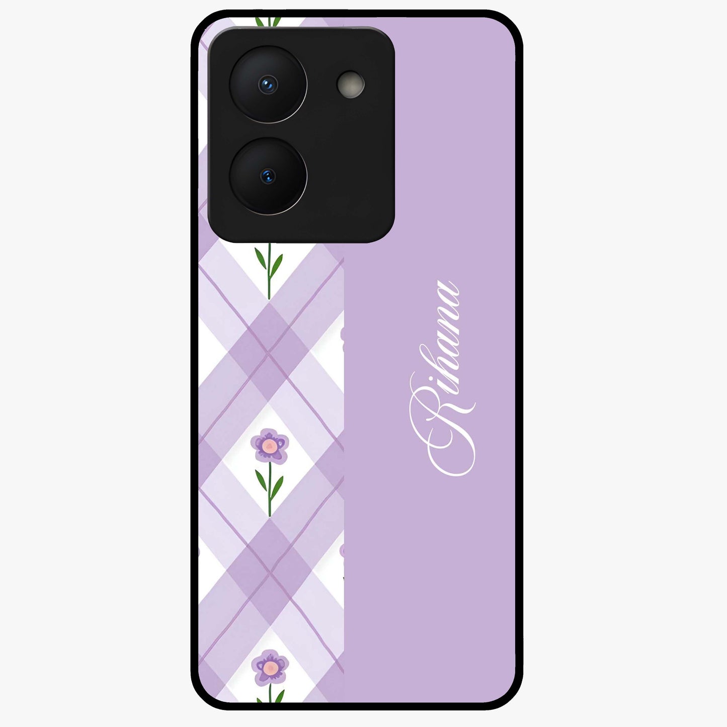 Purple Diamond Floral Glass Case showing flat back view with diamond shaped floral artwork and glossy glass finish.