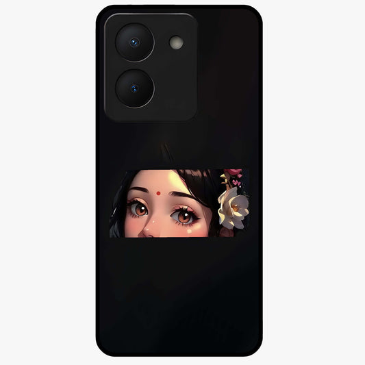 Radha Divine Embrace Glass Case showing flat back view with devotional Radha artwork and glossy glass finish.