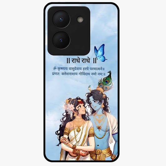 Radha Krishna Eternal Glass Case showing flat back view with Radha Krishna devotional artwork and glossy glass finish.