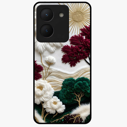 Radiant Bloom Elegance Glass Case showing flat back view with elegant blooming flower artwork and glossy glass finish.