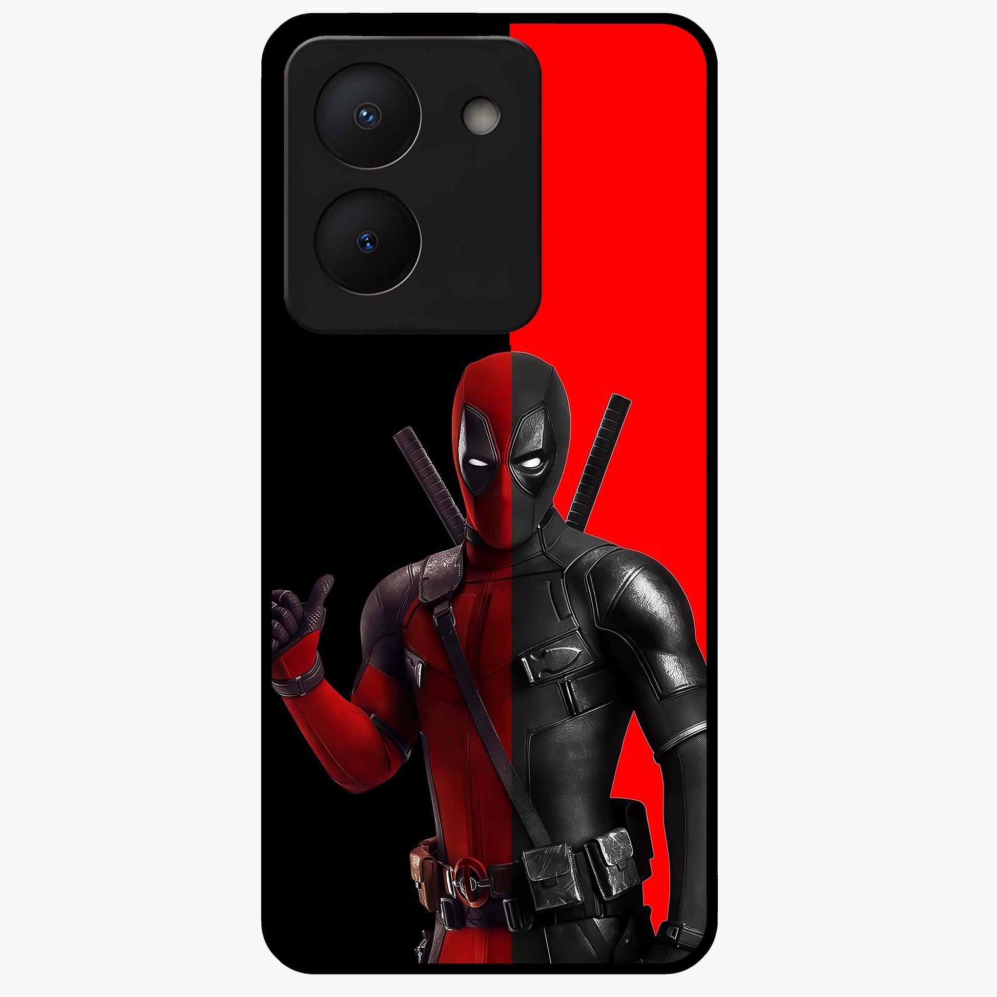 Red & Black Deadpool Theme Glass Case showing flat back view with bold comic inspired artwork and glossy glass finish.