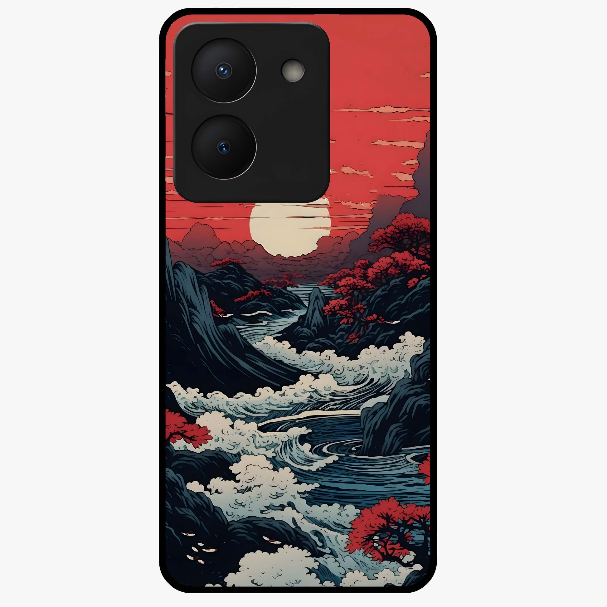 Red Sunset Scenery Glass Case showing flat back view with vibrant sunset landscape artwork and glossy glass finish.