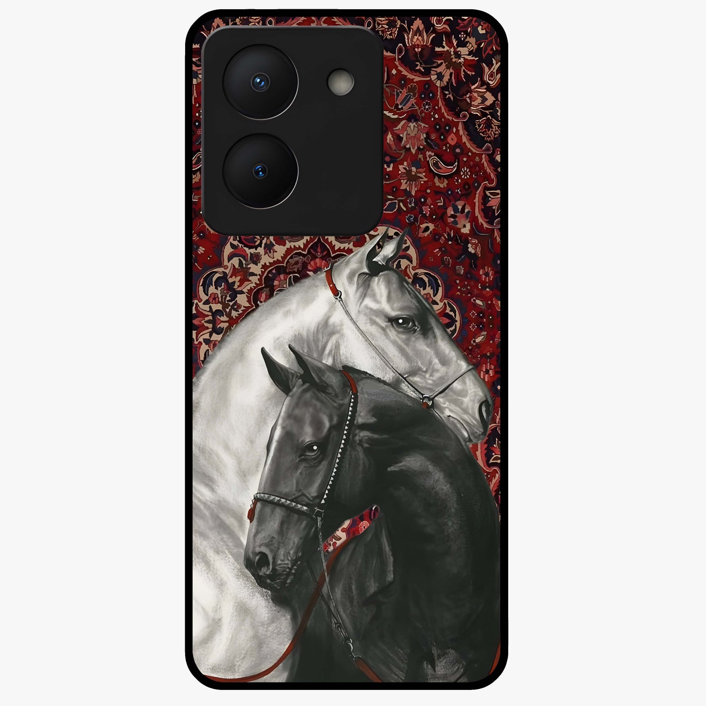 Regal Stallion Tapestry Glass Case showing flat back view with majestic horse tapestry artwork and glossy glass finish.