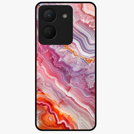 Rose Quartz Marble Glass Case showing flat back view with pink marble quartz texture artwork and glossy glass finish.