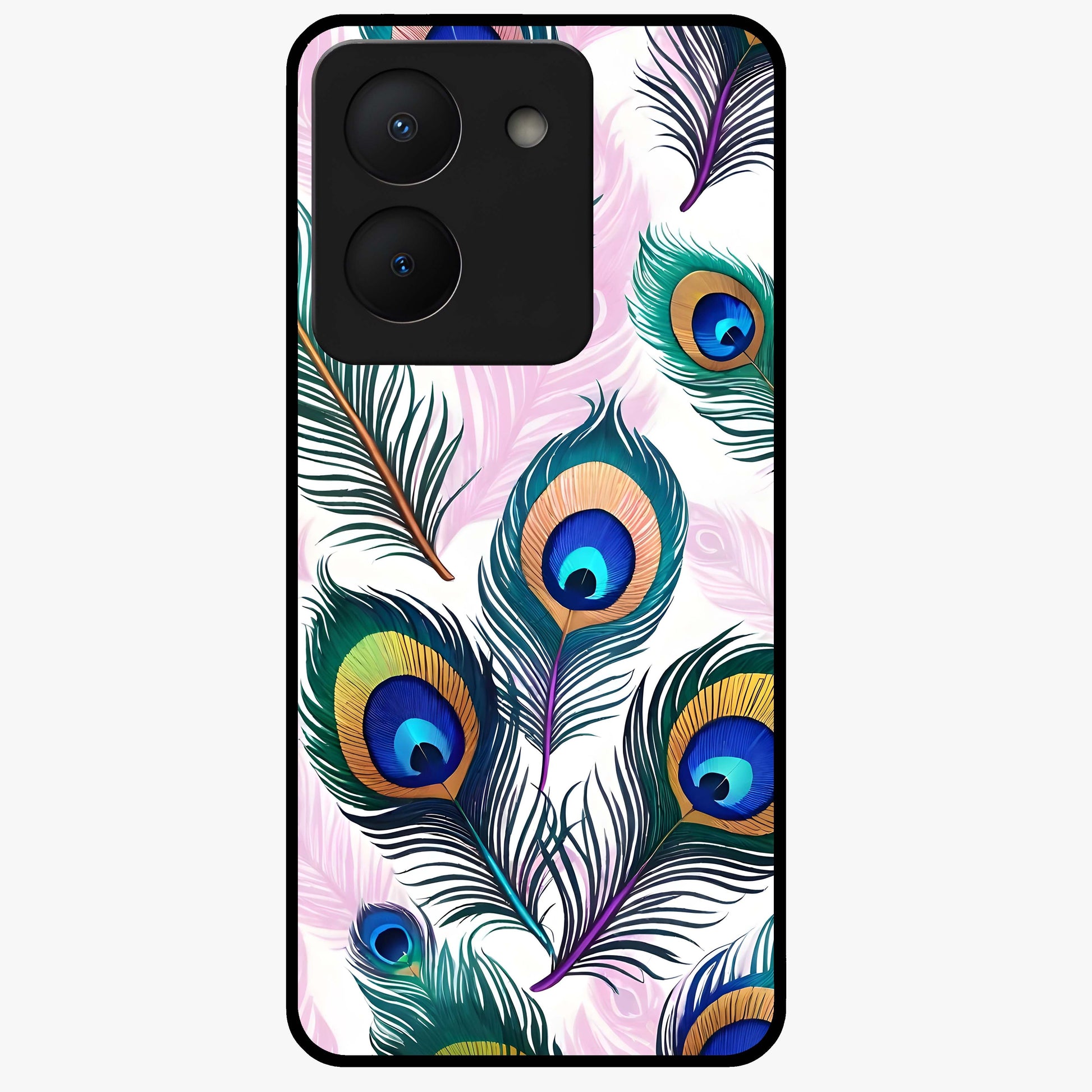 Royal Peacock Feathers Glass Case showing flat back view with colorful peacock feather artwork and glossy glass finish.