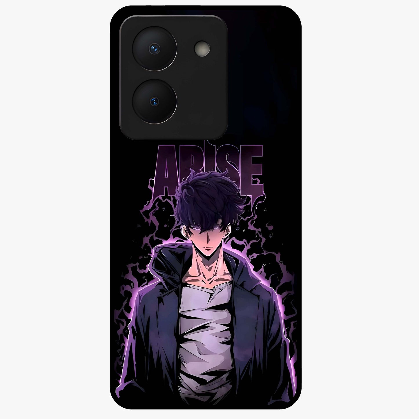 Shadow Monarch Awakening Glass Case showing flat back view with powerful dark monarch themed artwork and glossy glass finish.
