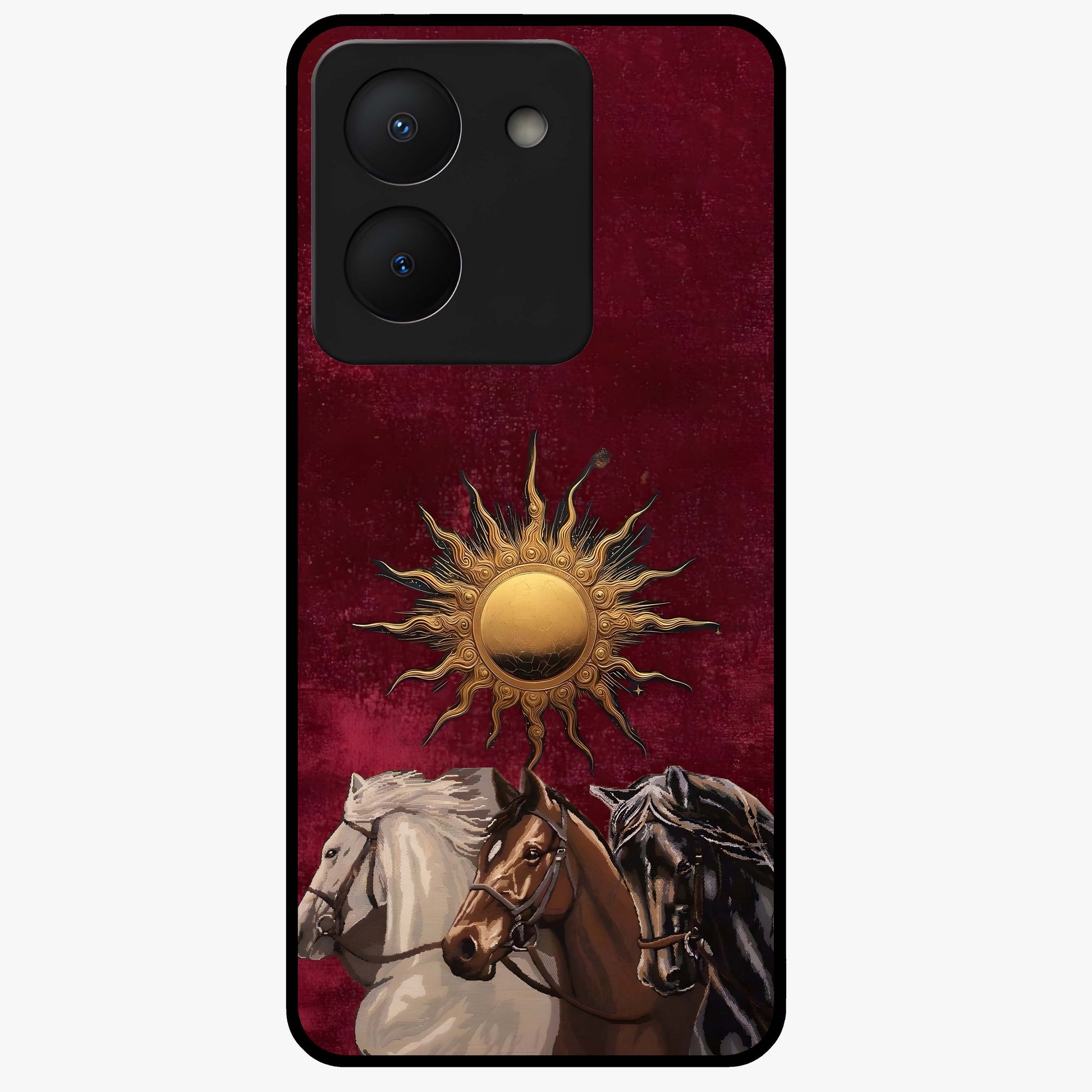 Solar Riders Glass Case showing flat back view with dynamic rider themed artwork and glossy glass finish.
