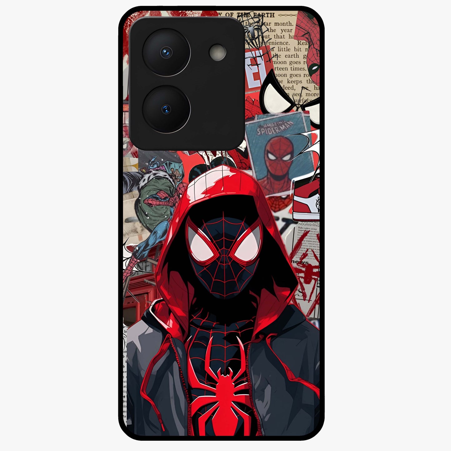 Spider Collage Street Glass Case showing flat back view with vibrant superhero collage artwork and glossy glass finish.