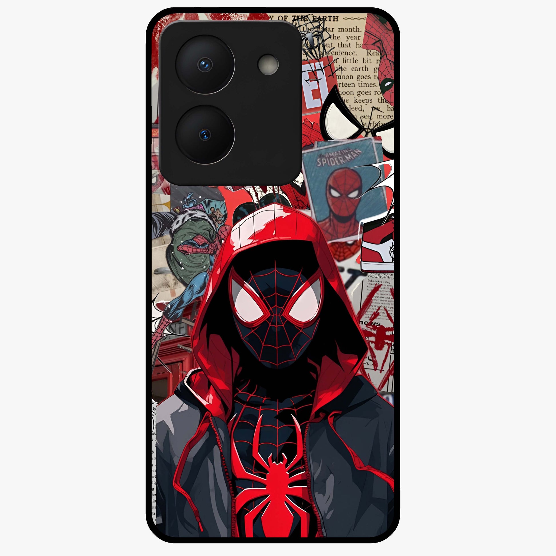 Spider Collage Street Glass Case showing flat back view with vibrant superhero collage artwork and glossy glass finish.